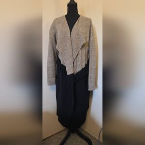 Sundance LambsWool Two-Tone Open-Front Draped Cardigan - Beige & Black Fringe